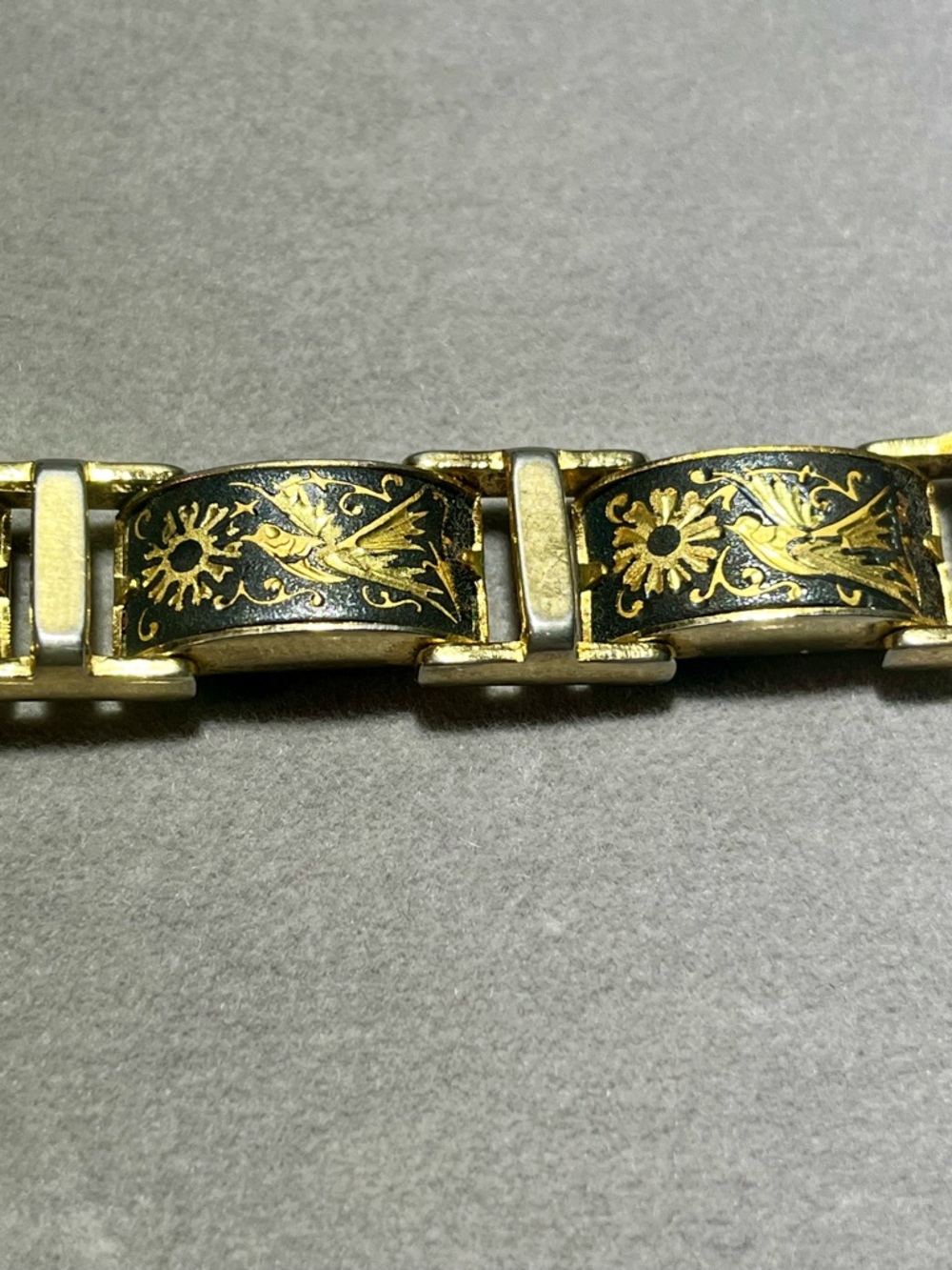 Vintage Damascene’Toledo’ 24kGold inlay on Black Steel Bird Link Bracelet